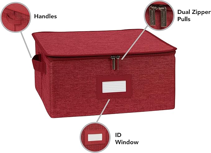 Covermates Dish Storage Box – China & Dinner Plate Storage Container with Dual Zippers, Reinforced Handles, ID Window & Stackable Structured Walls for Dishware Organization, Red Heather
