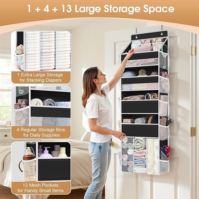 WISELIFE 5-Tier Over the Door Organizer for Hanging - 50LB Heavy-Duty Back of Door Organizer with 5 Spacious Pockets & 13 Mesh Pockets, Multipurpose Storage for Nursery, Bedroom, Closet(1 Pack, Black)