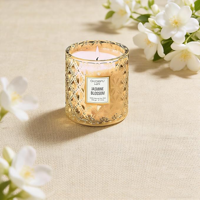 Chloefu LAN Jasmine Blossom Scented Candle, Luxury Soy Candles, 55 Hours Slow Burning, Non Toxic, Gift-Ready for Hosts & Gatherings, Farmhouses Home Decor, Long Lasting for Bath & Office, 8.1oz