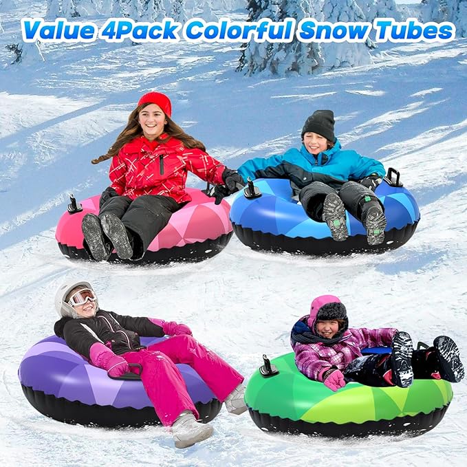 WOLKEK 3Pack Snow Tubes, Snow Sled for Kids and Adults, Cold-Resistant Inflatable Snow Tube, Thickened Heavy Duty Sleds for Winter with Handles, Snow Toys, Snow Sleds for Family Activities Outdoor Fun