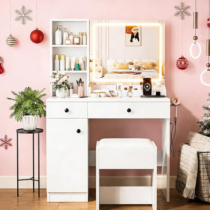 YIKEHOME White Makeup Vanity Desk with Mirror and Lights, Makeup Table with 2 Large Drawers, 3 Color Modes Adjustable Bulb, Power Outlet and Round Holder, Dressing Table for Women Girls Bedroom