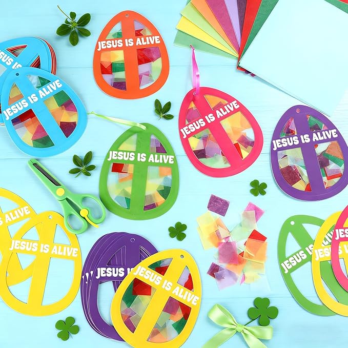 Qyeahkj 36 Set Easter Eggs Suncatchers Crafts for Kids DIY Jesus is Alive Cross Window Tissue Paper Craft Kit Religion Hanging Decor for Church School Home Activity Art Project Party Favor Gift