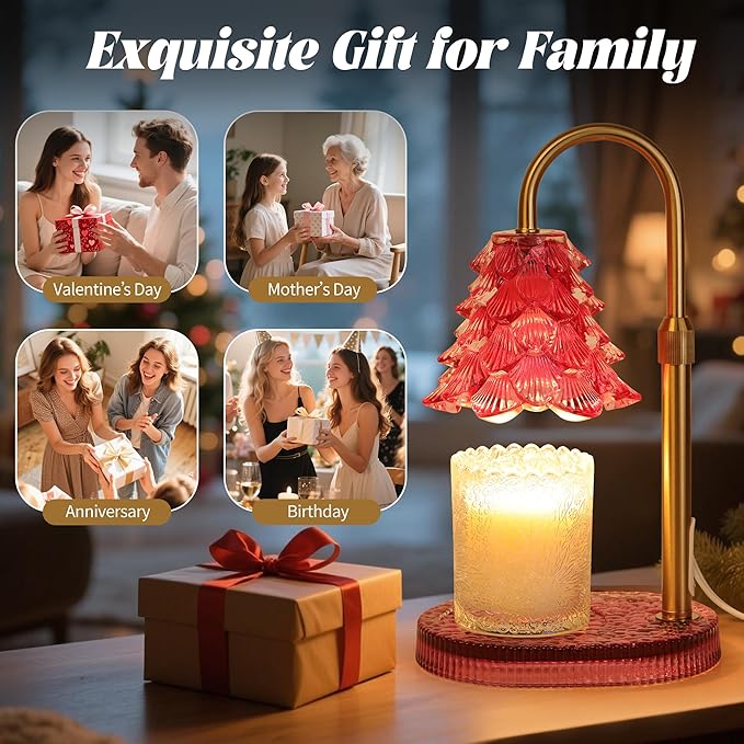 Christmas Tree Shaped Candle Warmer Lamp with Timer & Dimmer – Adjustable Wax Melt Lamp for Jar Candles, Home Decor Accent for Women – 2 Bulbs, Flame-Free & No-Smoke Use (Burgundy)
