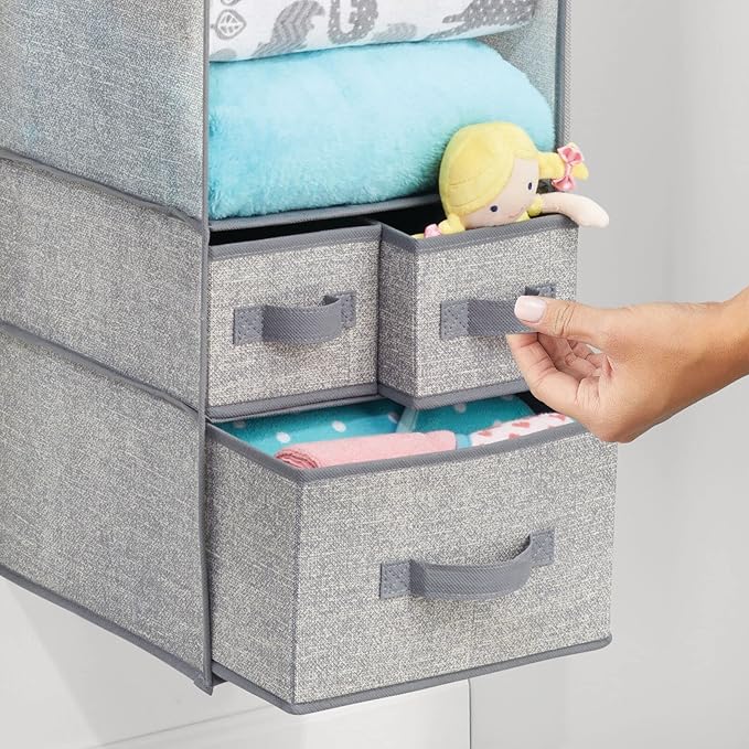 mDesign Fabric Hanging Organizer - Over Closet Rod Storage - 7 Shelves/3 Removable Drawers for Baby Nursery Bedroom Organization - Hold Clothes, Linens, Toys, Accessories - Lido Collection - Gray