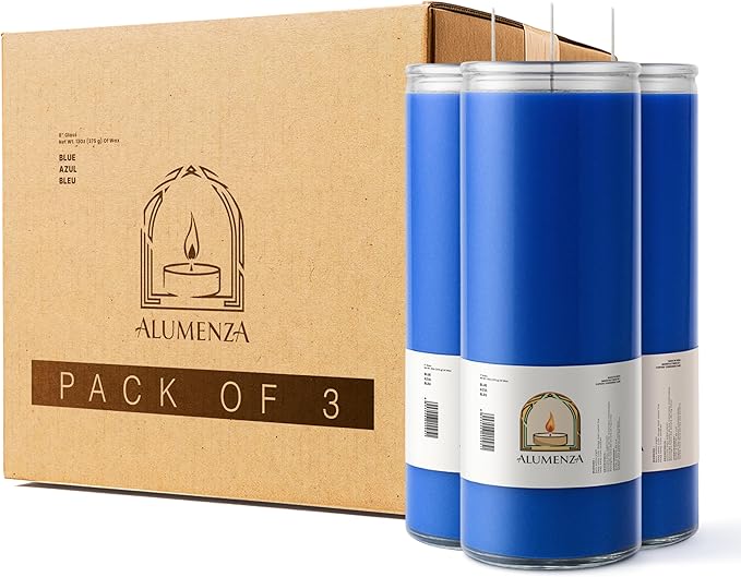 3 Pack Blue 7 Day Candles in Glass Jar – Paraffin Wax, Clean Burning Unscented | Large & Tall Devotional Prayer Pillar Candles for Home, Memorial, Spells, Long Lasting