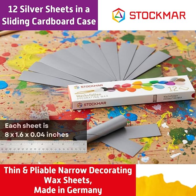 Stockmar Decorating Beeswax Narrow Sheets - Silver - 12 Sheets,Modeling Beeswax for Candle Making Kit, DIY Crafts for Adults, Stocking Stuffers for Kids, Teens at Home Or School
