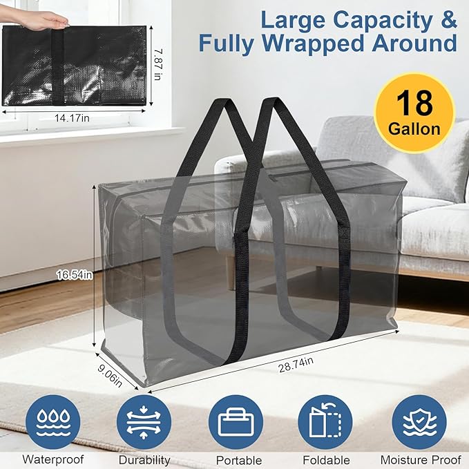 6Pcs Extra Large Heavy Duty Moving Bags with Reinforced Zippers & Handles, 67L Waterproof Storage Tote Bag Bins Alternative to Box Moving Supplies Space Saving for Travel College Dorm Essentials Black