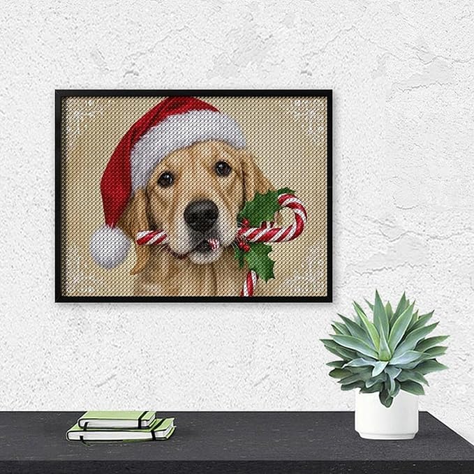 Diamond Painting Kits for Adults - Christmas Golden Retriever Puppy in Santa Hat with Candy Cane Painting DIY 5D Full Drill Diamond Dots Paintings with Diamonds Gem Art And Crafts Home Decor 12"x16"