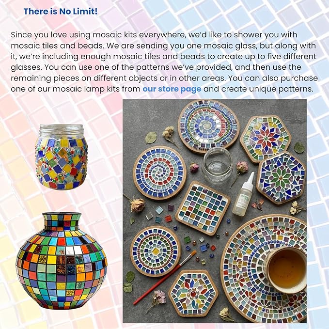 BYTURKISHLAMPS DIY Turkish Mosaic Candle Holder Kit & 1 Glass + 1LB+ Mosaic Tiles and Beads Bulk, Make Your Own Creative Glass and Garden Craft, Making Table Tealight for Adults, Teens, Family, Couple