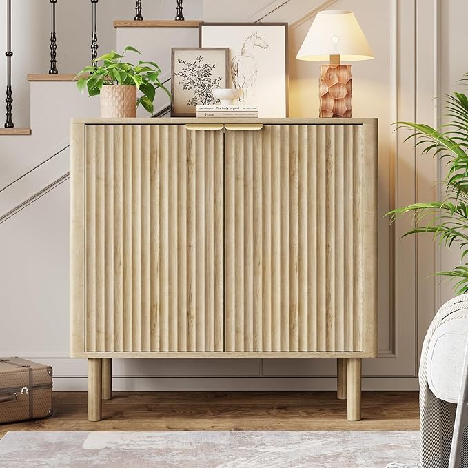Sideboard Buffet Cabinet with Storage, Modern Fluted Accent Credenza with Doors & Adjustable Shelves, Wood Coffee Bar Console Table for Living Room, Dining Room, Kitchen or Entryway 31.5"(2pcs)Oak