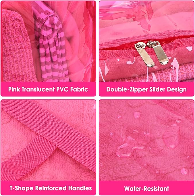 SGHUO Clear Storage Bags 60L Extra Large Plastic Vinyl Blanket Storage Bag for Clothes, Comforter, Bedding, Moving Bags with Zipper and Reinforced Handle (4pcs, Pink)