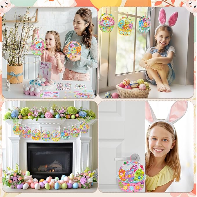 Funrous 48 Sets Easter Crafts Kit Easter Basket Egg Paper Crafts DIY Make Your Own Basket Hanging Ornaments Decorations with Pompoms Diamond Stickers Spring Classroom Activity Arts Gifts Party Favors