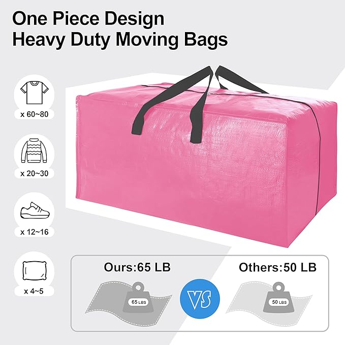 VELVETSURE 6 Pack Heavy Duty Large Moving Bags W/Backpack Straps - Strong Handles & Zippers, Storage Totes For Space Saving, Fold Flat, Alternative to Moving Box and Storage Bin, Pink