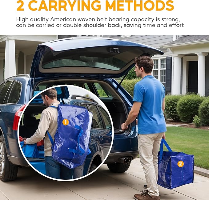 10 Pack Oversized Heavy Duty Moving Bags with Backpack Straps, Strong Handles & Zippers, Extra Large Storage Tote Moving Boxes for Space Saving, Blue