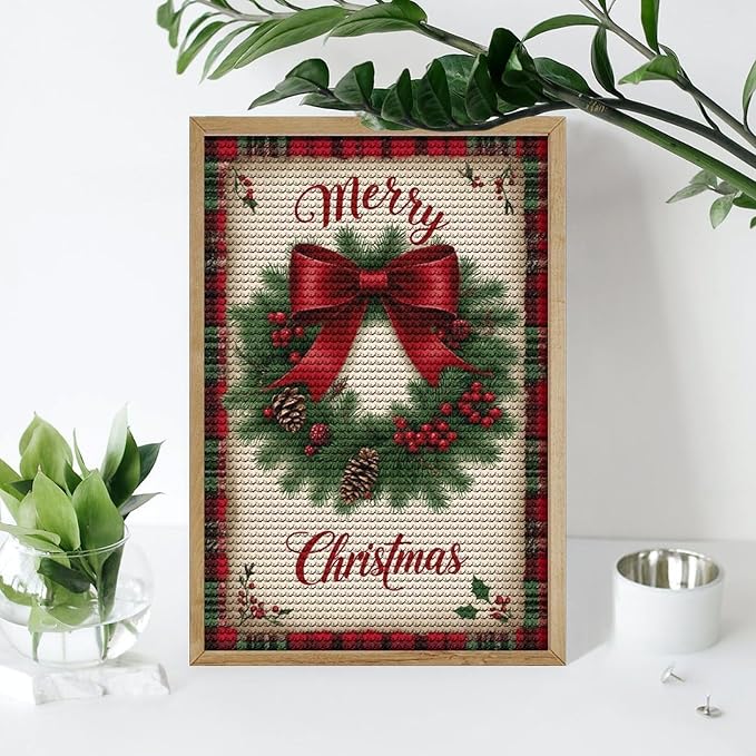 AIVKIEJK Diamond Painting Kits for Adults - Merry Christmas Red Bow & Pine Cones Painting DIY 5D Full Drill Diamond Dots Paintings with Diamonds Gem Art and Crafts Home Decor 8"x12"