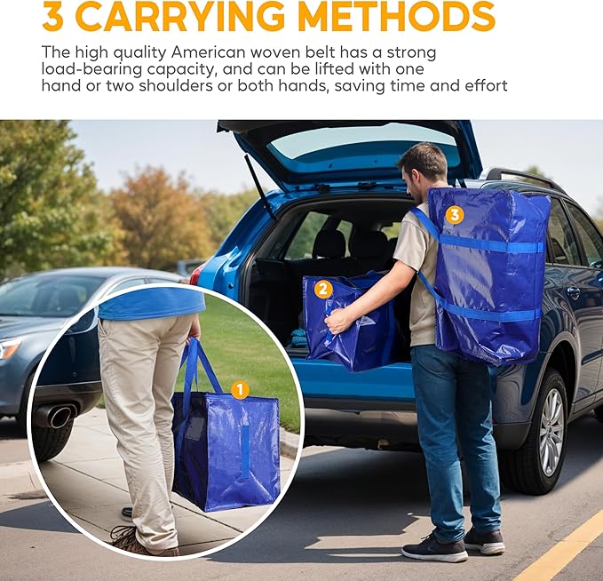 HealSmart 6 Pack Large Moving Bags with Zippers & Handles, Moving Supplies with lids, Heavy Duty Totes for Space Saving, Fold Flat, Moving and Storing, Blue