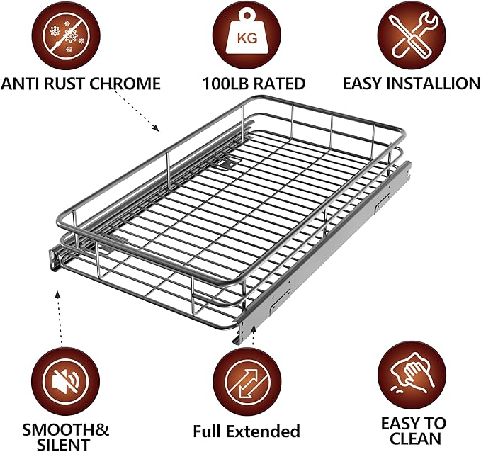 JOWBOOW Pull Out Cabinet Organizer (22.7" W x 21" D), Slide Out Shelves for Kitchen Cabinets, Pull Out Drawers Heavy-Duty Metal Rolling Shelf, Chrome Finish