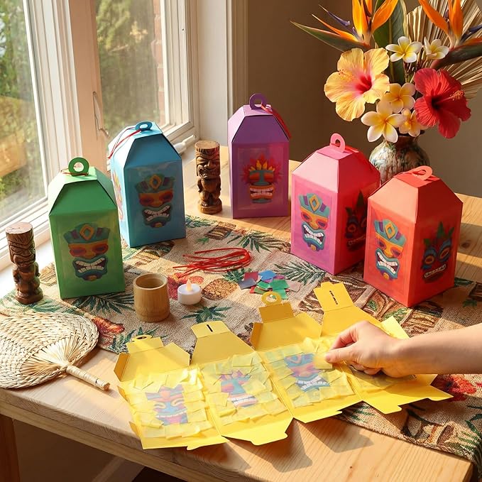 Simgoing 24 Sets Tiki Crafts with LED Candle Light Hawaii Party Decors Tiki Tissue Paper Crafts Kits DIY Your Own Tropical Totem Box Lanterns Hanging for Home Summer Luau Themed Art Party Decorations