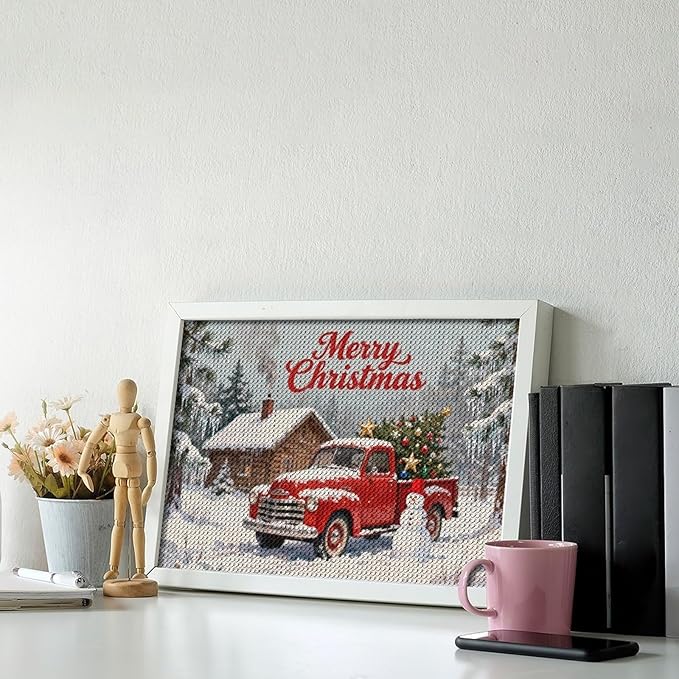 AIVKIEJK Diamond Painting Kits for Adults - Christmas Red Truck with Snowman, Snowy Cabin & Tree Painting DIY 5D Full Drill Diamond Dots Paintings with Diamonds Gem Art and Crafts Home Decor 8"x12"