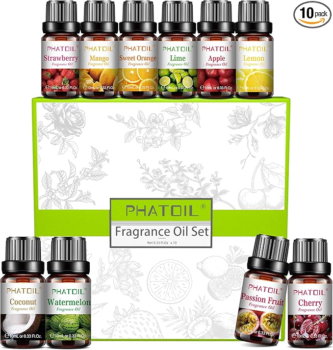 PHATOIL 10Pcs Fruity Fragrance Oil Set, Coconut, Cherry, Apple, Strawberry, Mango Oils for Candle Making, Freshie Scents for DIY Soap Making, Diffuser Oil Scents Set