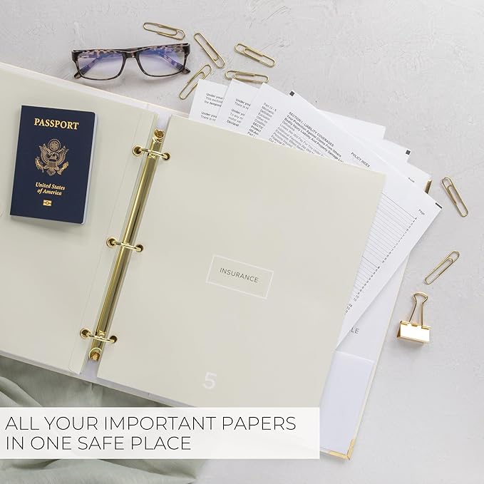 Sturdy Document Organizer Set with Folders - Beautiful Linen 3-Ring Binder Safely Stores All Important Documents & Files in One Place - Easy to Use Expanding Storage Incl. Envelopes, Pockets & Labels