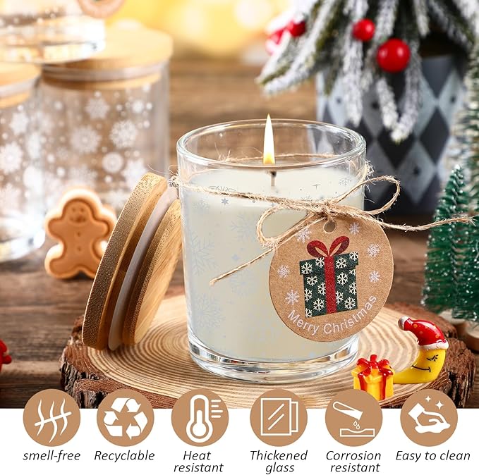 Potchen 12 Pcs Christmas Glass Candle Jars 7 oz Glass Jars Empty Containers with Bamboo Lids and Christmas Cards for Candle Making Storing Biscuits Holiday Tea Party Favors