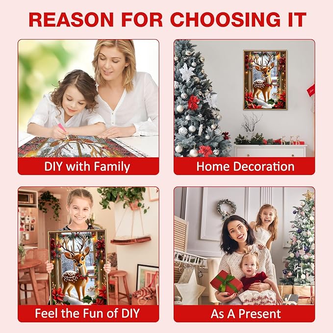 MEIYUDA Christmas Diamond Painting Kits for Adults, 5D Cute Deer Diamond Art Kits for Beginners, DIY Gem Art Crystal Painting for Home Wall Decor and Present 12x16inch