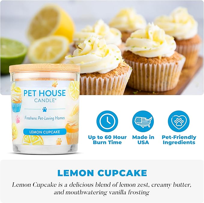 Pet House Candles, Clean Long-Lasting Pet Odor Candles for Home, Plant-Based, 60 Hour Burn Time - Lemon Cupcake, 9 oz, 2 Pack
