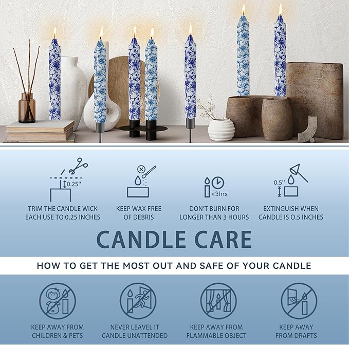 9 Inch Blue and White Thick Taper Candles Hand Poured Smokeless Unscented Clean Burning Chinoiserie Floral Candles for Wedding Centerpiece Nautical Ceremony Tall Candle Sticks
