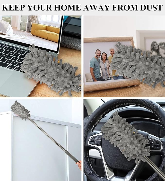 zdyCGTime Microfiber Duster for Cleaning Hand, Washable Dusters&Replaceable Microfiber Head, Extendable Pole, Used to Cleaning Offices, Furniture, Cars, Air Conditioners and Ceiling Fans(4Pack/Grey)