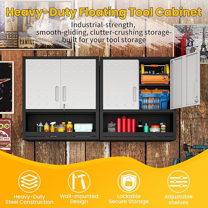 Garage Storage Cabinets Wall Mount, Locking Metal Wall Cabinets with Doors and Adjustable Shelves, Floating Hanging Storage Cabinet for Garage, Basement, Warehouse