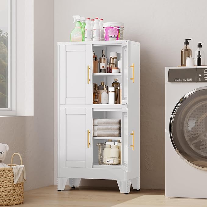 47“H White Metal Bathroom Storage Cabinet, Kitchen Pantry Cabinet with Doors and 3 Adjustable Shelves, Bathroom cabinets Organizer, for Home Office, Bedroom