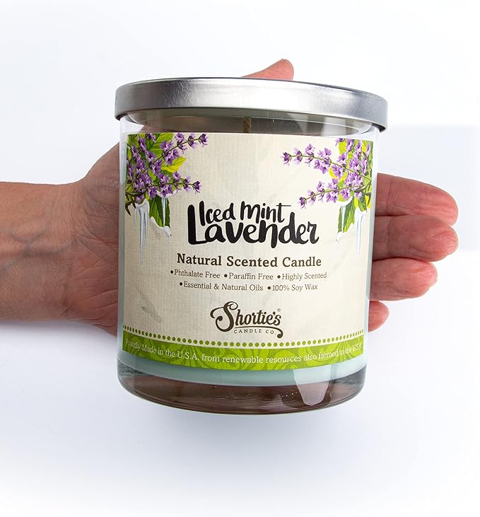 Iced Mint Lavender Scented Natural Soy Candle, Essential Fragrance Oils, 100% Soy, Phthalate & Paraben Free, Clean Burning, 9 Oz.