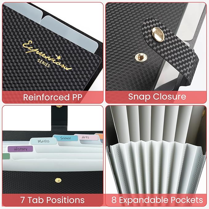 Sooez Accordion File Organizer, Letter Size Expanding File Folder with Labels, 8 Pocket Folders for Document, Portable Paper Bill Receipt Organizer for Home School Office Supplies, A4 Size, Pink