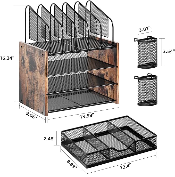 Marbrasse Desk Organizer with Drawer, 4-Tier Wooden File Organizer with 5 Vertical File Holders and 2 Pen Holders, Desk Organizers and Accessories for Home Office - Dark Brown
