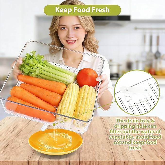 4 Pack Fridge Organizer, Stackable Refrigerator Organizer Bins with Lids, BPA-Free Fridge Organizers and Storage Containers for Fruit, Vegetable, Food, Drinks, Cereals, Clear