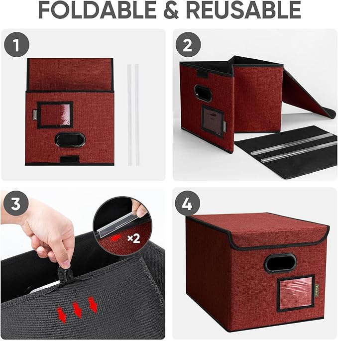 BALEINE File Organizer Box with Lid, Collapsible File Folder Organizer with Plastic Slide, Hanging File Folder Box for Office Document Storage (1 Pack, Red)