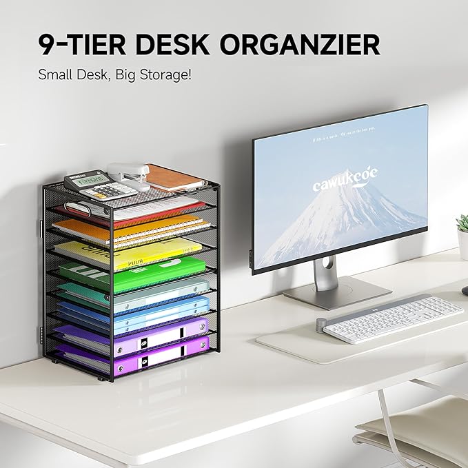 Cawukege 9 Tier Paper Organizer with Handle, Black Large Capacity Desk Organizer Mesh File Folder Letter Paper Tray Desktop Document Sorter for Classroom, School, and Office Accessories Organization