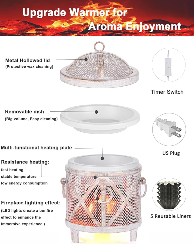 Dicimi Vintage Fireplace Wax Warmer – Electric Warmer with 2/4/8H Timer & Auto Shut-Off, 18W Low Energy, Multifunctional for Scented Wax & Oils, Beverage Warmer, Women's Birthday & Housewarming Gift