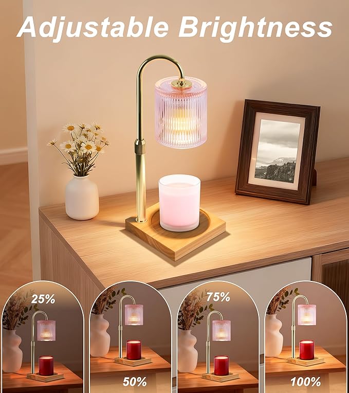 Candle Warmer Lamp, Candle Lamp Wax Warmer Heating, Timer & Dimmer 7-Levels, Fits Cup Jar Candle, Top Melting, Crystal Heater Lamp for Scented Wax, Elegant Home Decor, Pink Glass