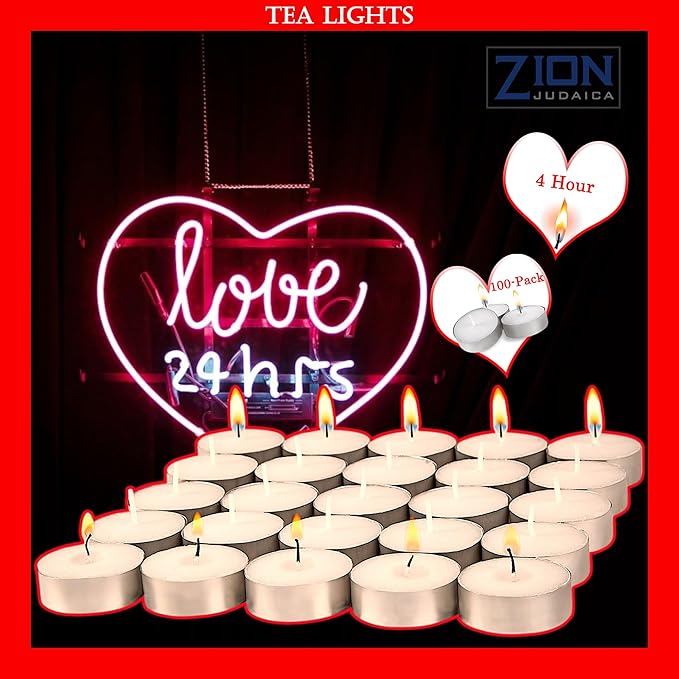 Zion Judaica Premium Unscented Tealight Candles Set Smokeless Multi-Pack Tea Candles Dripless Clean Burning Tea Lights Long Lasting Candlelight for Home Décor Religious Ceremonies (4 Hour, 100, Count)