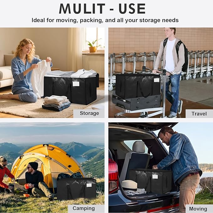 8 Pack-Extra Large Heavy Duty Moving Bags - Waterproof Storage Totes with Handles & Zippers, Foldable for College Dorm, Storage (Black)