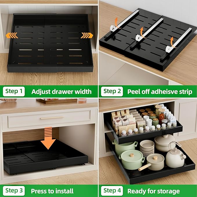 PAKETA 2 Pack Expandable Pull Out Cabinet Organizer, 21'' Deep Pull Out Drawers for Cabinet, Upgrade 3 Slide Rails Sliding Drawer for Cabinets with Adhesive Nano Film (Black, 21"D X 12-20"W)