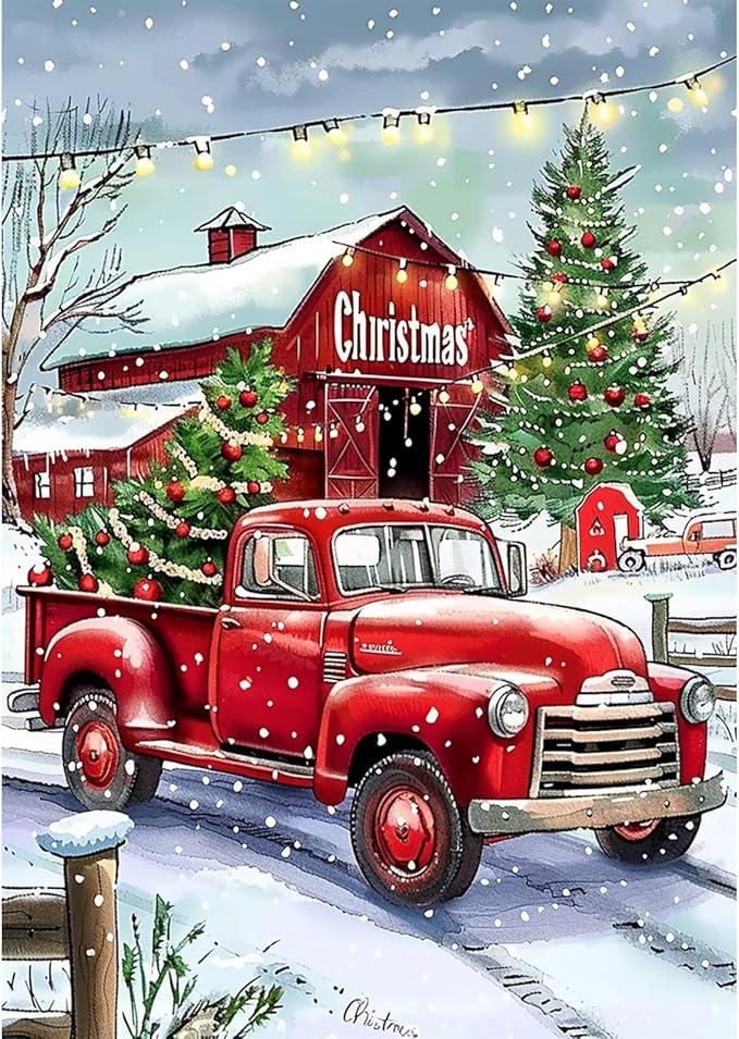 SENQAO Red Truck Diamond Art Kits for Adult, Christmas Diamond Painting Kits for Beginners, DIY Full Drill Winter Holdiay Rhinestone Diamond Dots Gem Painting Art Craft Home Decor 12 x16 Inch