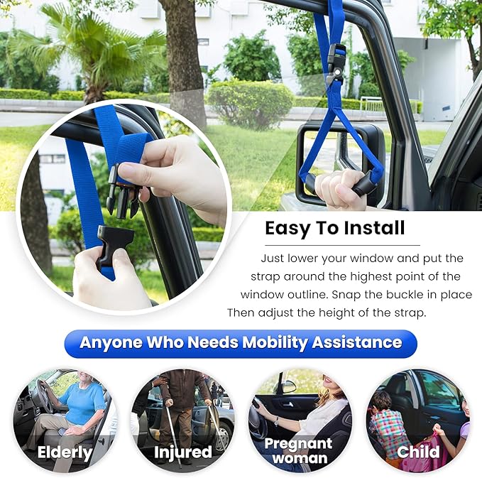 E-cowlboy Auto Cane Grab Handle - Adjustable Standing Aid Safety Portable Vehicle Support Bar With Nylon Grip - Mobility Assist Device (Blue)