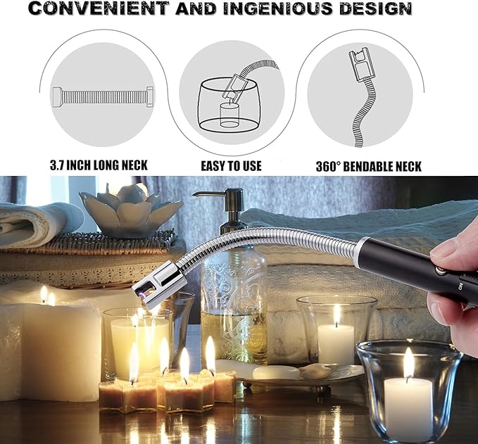 TOMOLO Electric Lighter 2 Pack, Long Flexible Neck Candle Lighter with Safety Switch, Windproof Plasma Flameless USB Rechargeable Lighters for Candles, Grill, Camping & Gas Stove (Black&Silver)