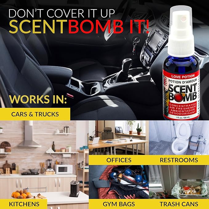 Scent Bomb Air Freshener Spray, Long-Lasting Odor Eliminator - Effective Deodorizer for Home & Car, Fresh Room Spray for Kitchen, Bathroom & Smell Neutralizer - 1 oz Pack of 4, Love Potion Scent