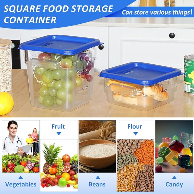 Yungyan 8 Pcs Restaurant Food Storage Containers with Lids Set 2Qt and 4Qt Commercial Restaurant Square Storage Containers Clear Food Cereal Container for Kitchen Freezer (Blue Lids)
