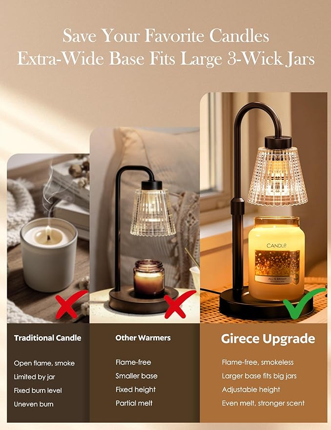 Girece Candle Warmer Lamp with Timer and Dimmer, Adjustable Height Electric Candle Warmer for Jar Candles, 2 Bulbs, Modern Home Decor Birthday Gifts for Women, Housewarming Gifts New Home