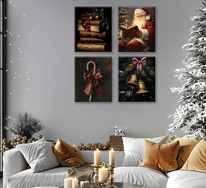 Paint by Number Kit for Adults & Kids, 4 Pack Vintage Christmas Scenes (Candy Cane, Santa Reading, Book Stack, Golden Bells) 12x16Inch Unframed, DIY Acrylic Painting Kit with Brushes & Paints